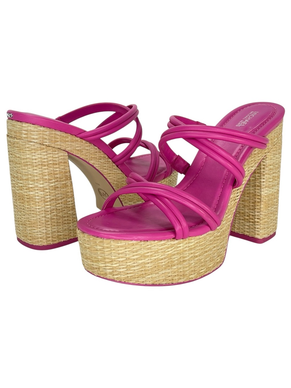Michael Kors Corrine Pink Leather Raffia Womens Platform Sandals Size 11M - Picture 12 of 15